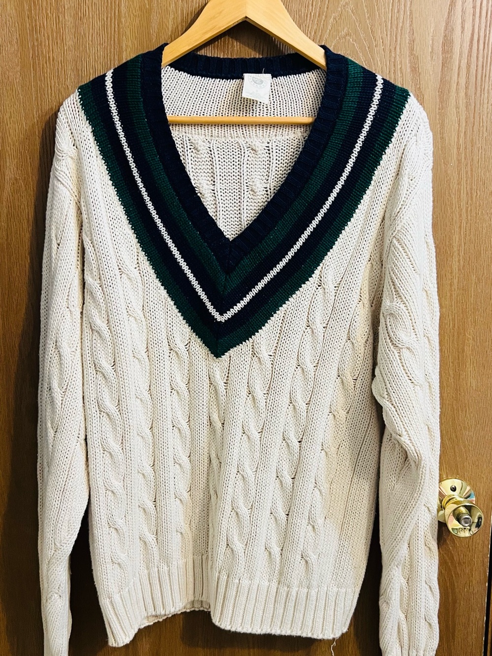 GAP Cream Cable Knit V-Neck Sweater with Navy & Green Stripe Trim